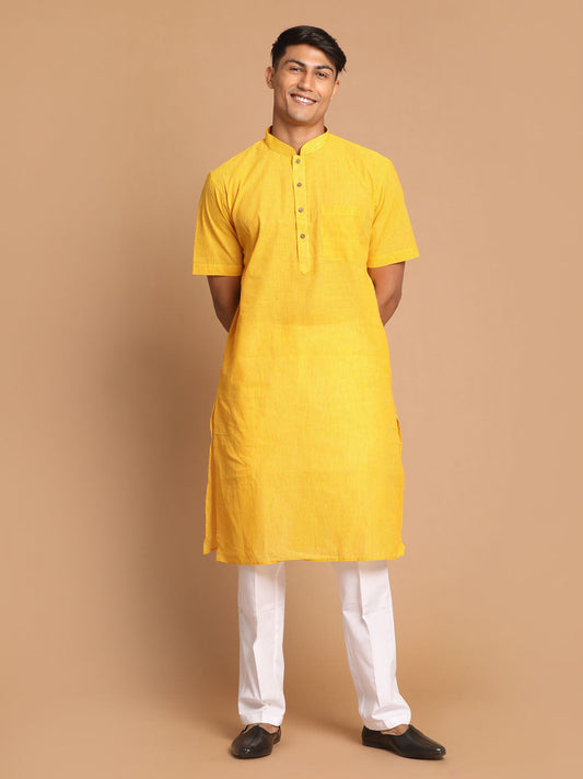 Vastramay mens yellow color striped kurta with white pant style cotton pyjama set