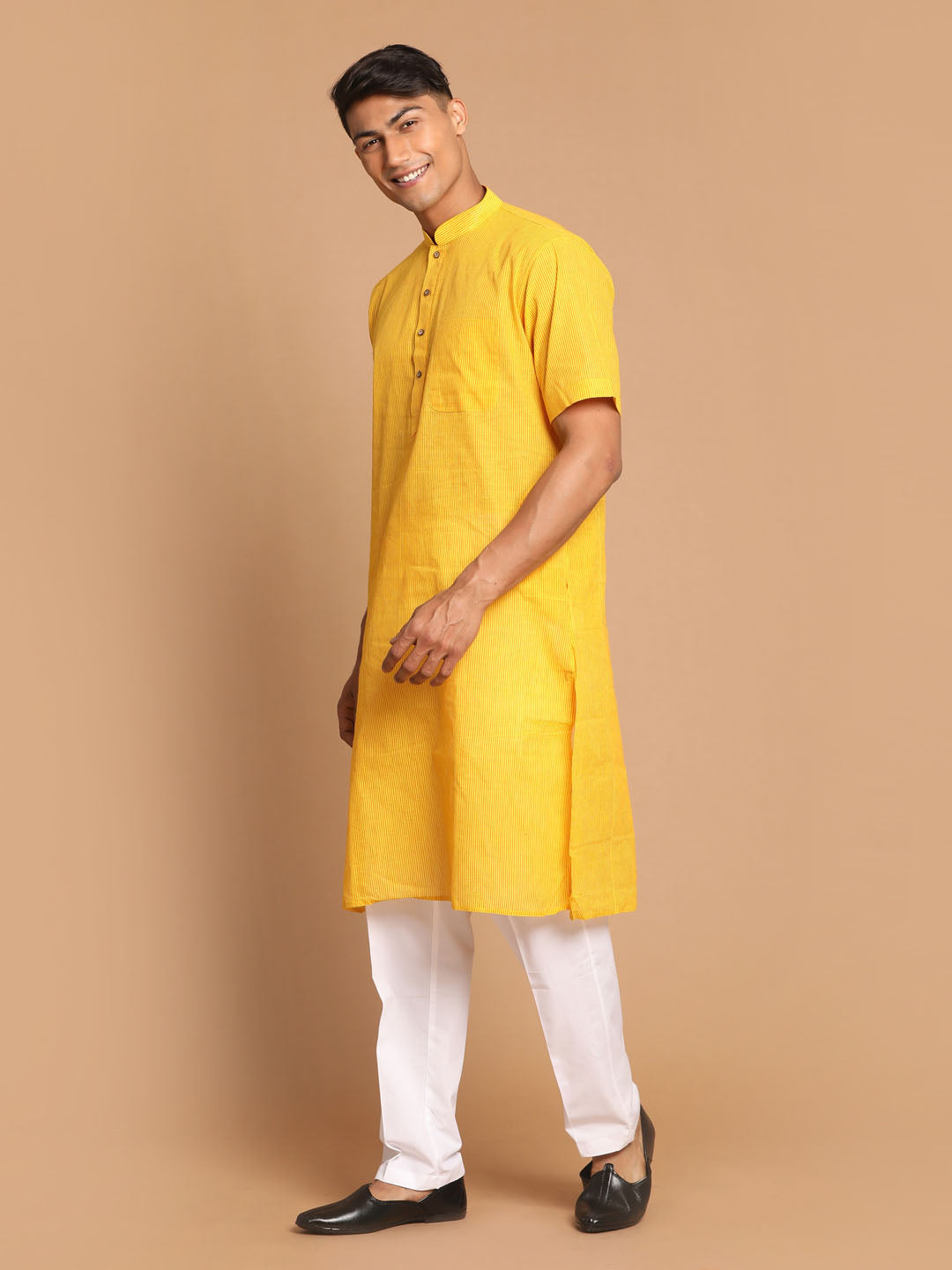 Vastramay mens yellow color striped kurta with white pant style cotton pyjama set