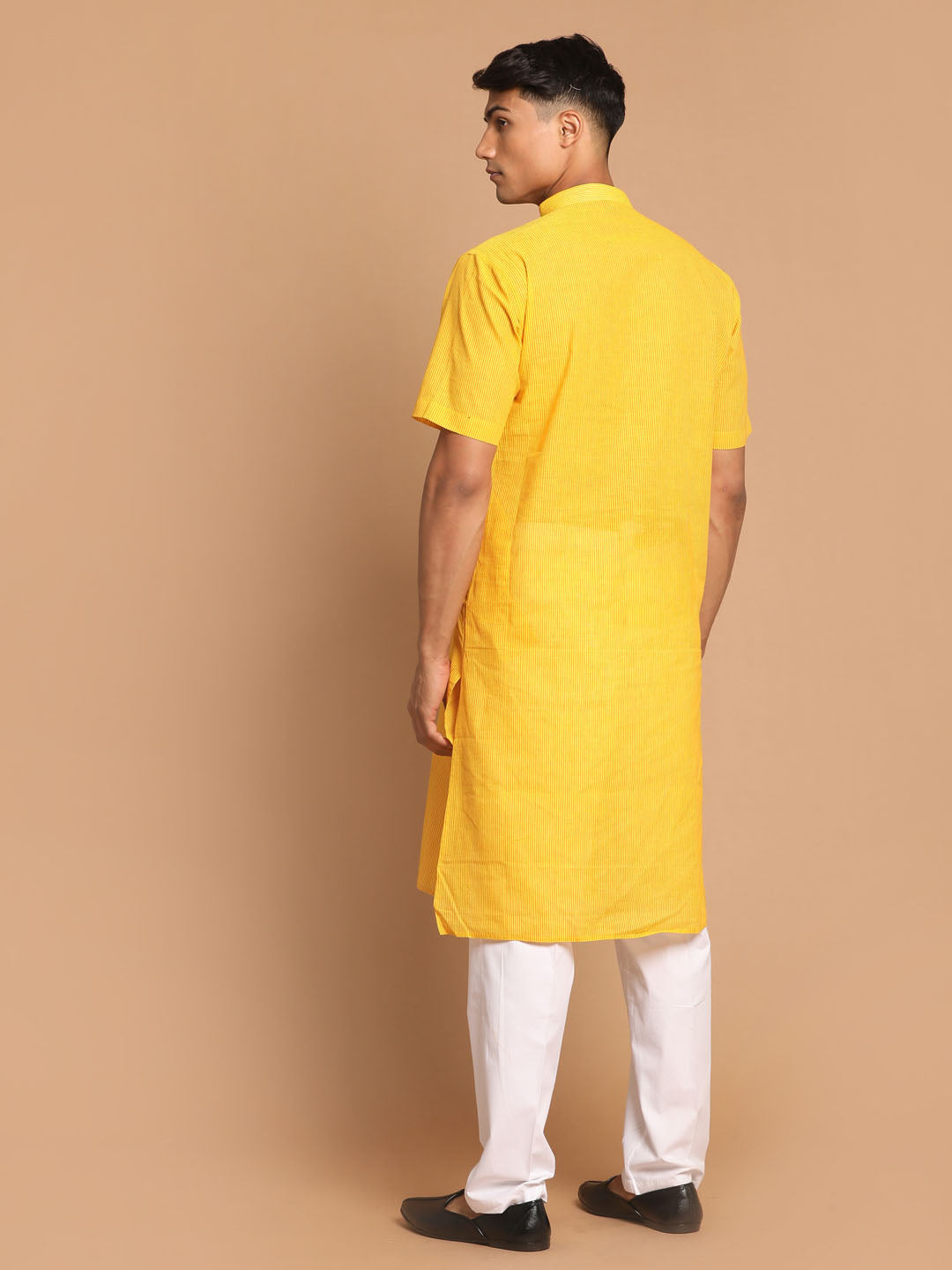 Vastramay mens yellow color striped kurta with white pant style cotton pyjama set