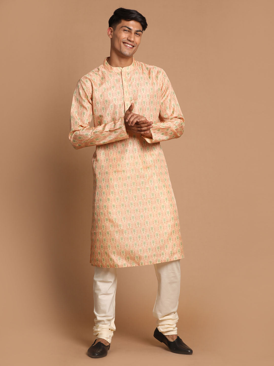 Vastramay Men's Pink Silk Blend Printed Kurta with Cream Pyjama Set