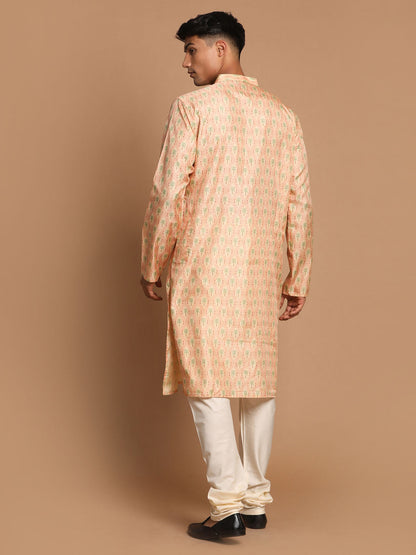 Vastramay Men's Pink Silk Blend Printed Kurta with Cream Pyjama Set