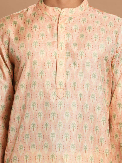 Vastramay Men's Pink Silk Blend Printed Kurta with Cream Pyjama Set