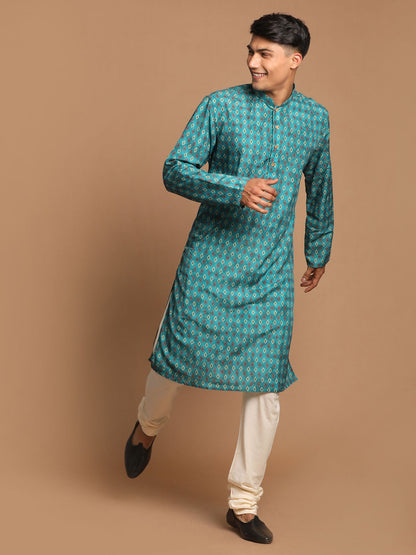 Vastramay Men's Green Ethnic Kurta with Cream Pyjama Set