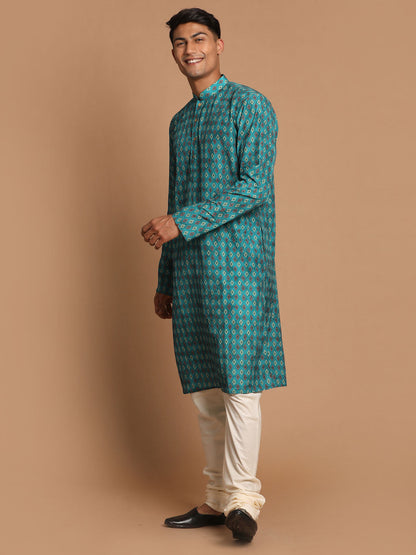 Vastramay Men's Green Ethnic Kurta with Cream Pyjama Set