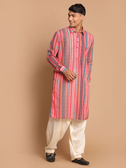 Vastramay Men's Multi-Color Embellished Kurta With Cream Patiala Pyjama