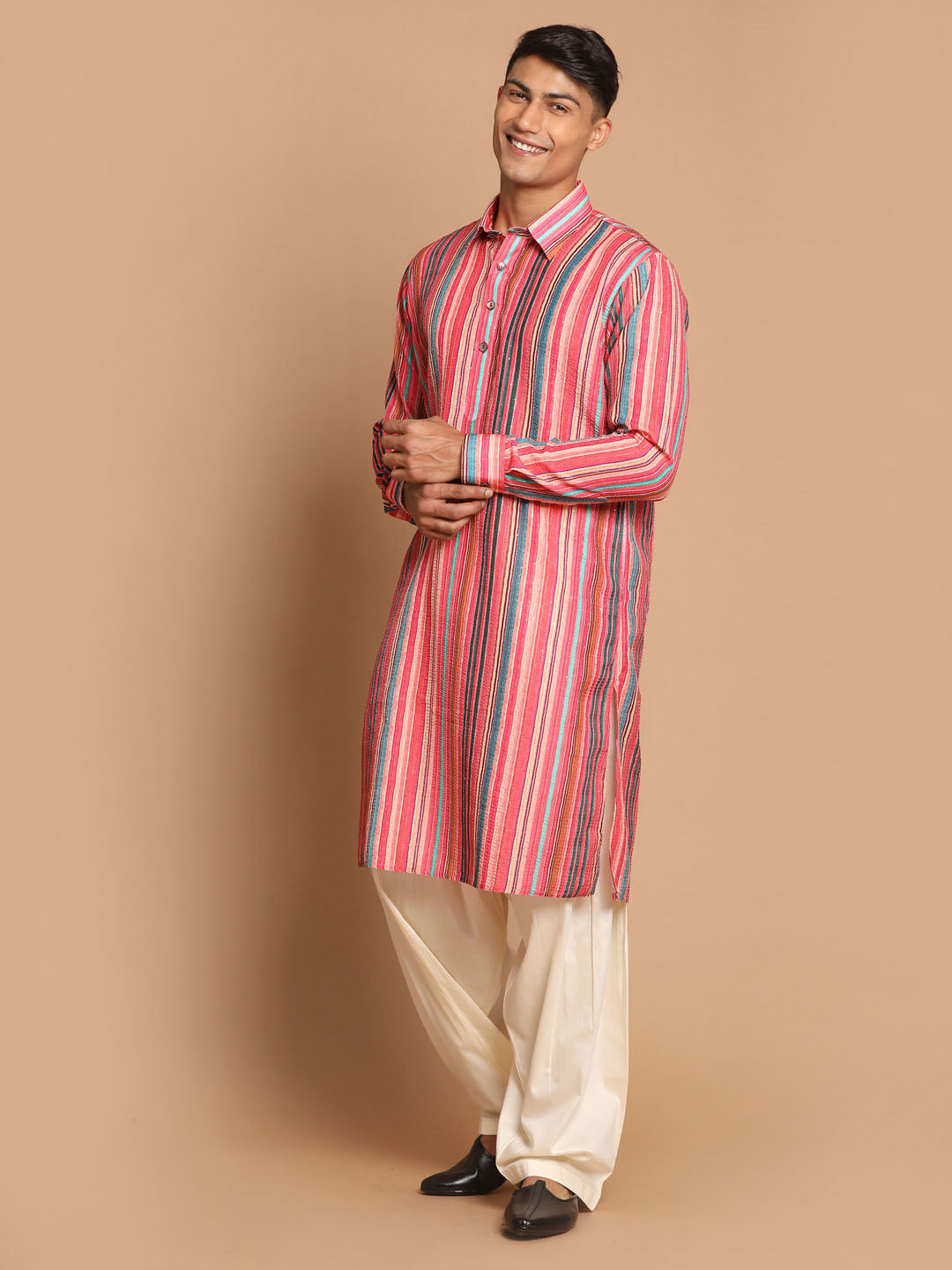 Vastramay Men's Multi-Color Embellished Kurta With Cream Patiala Pyjama