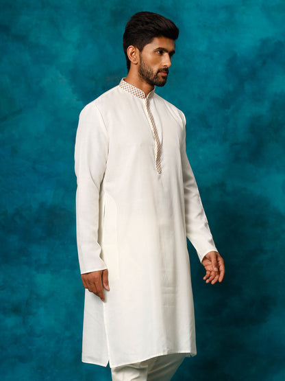 VASTRAMAY Men's Cream Cotton Blend Ethnic Kurta