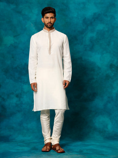 VASTRAMAY Men's Cream Cotton Blend Ethnic Kurta