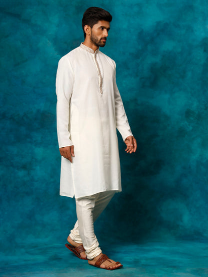 VASTRAMAY Men's Cream Cotton Blend Kurta Pyjama Set