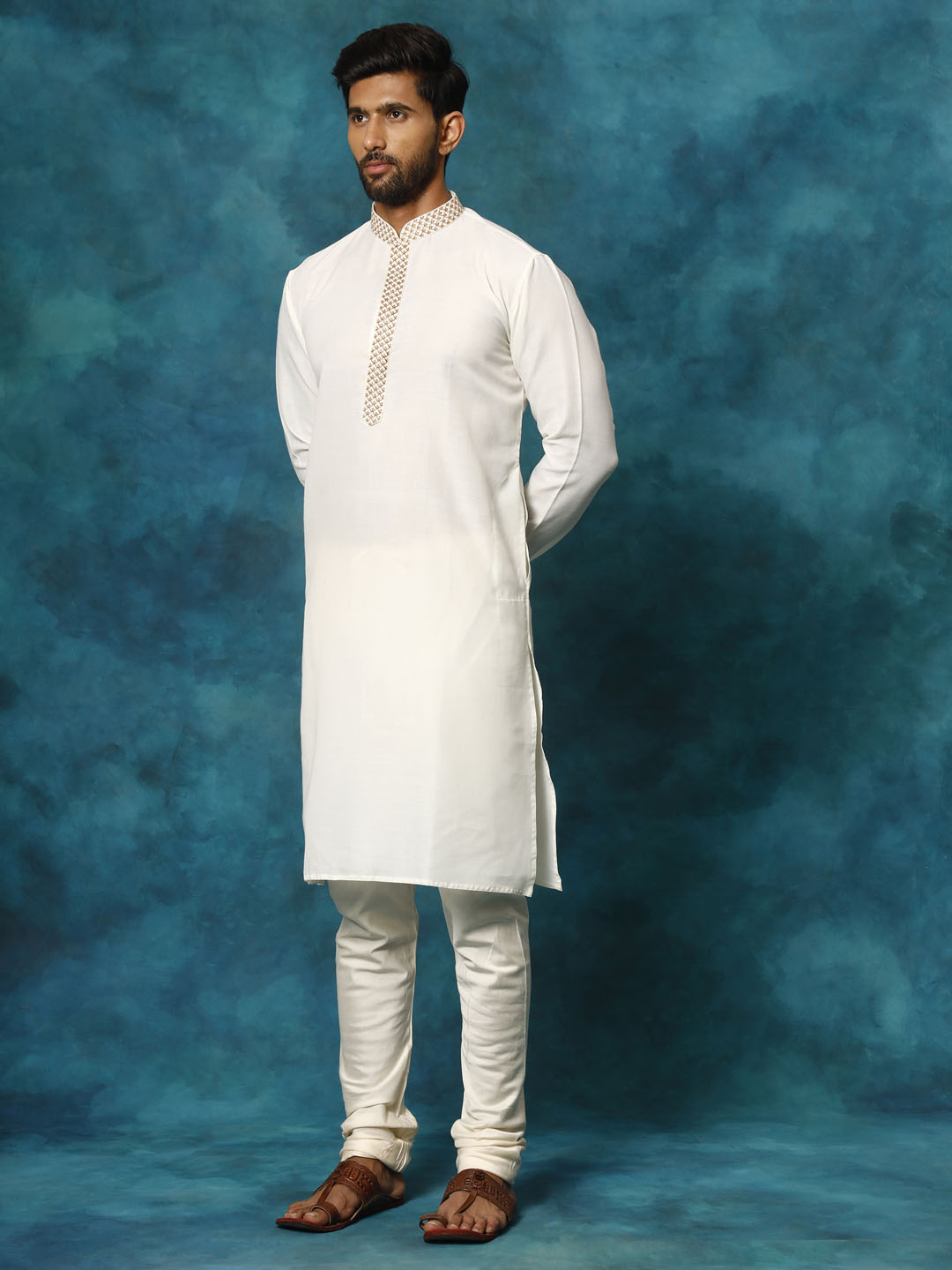 VASTRAMAY Men's Cream Cotton Blend Kurta Pyjama Set