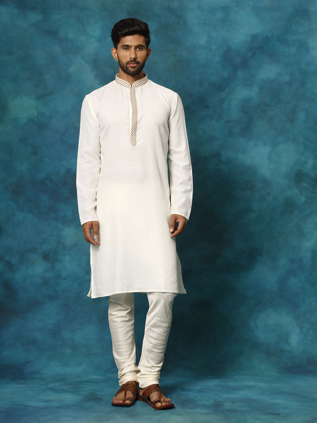 VASTRAMAY Men's Cream Cotton Blend Kurta Pyjama Set