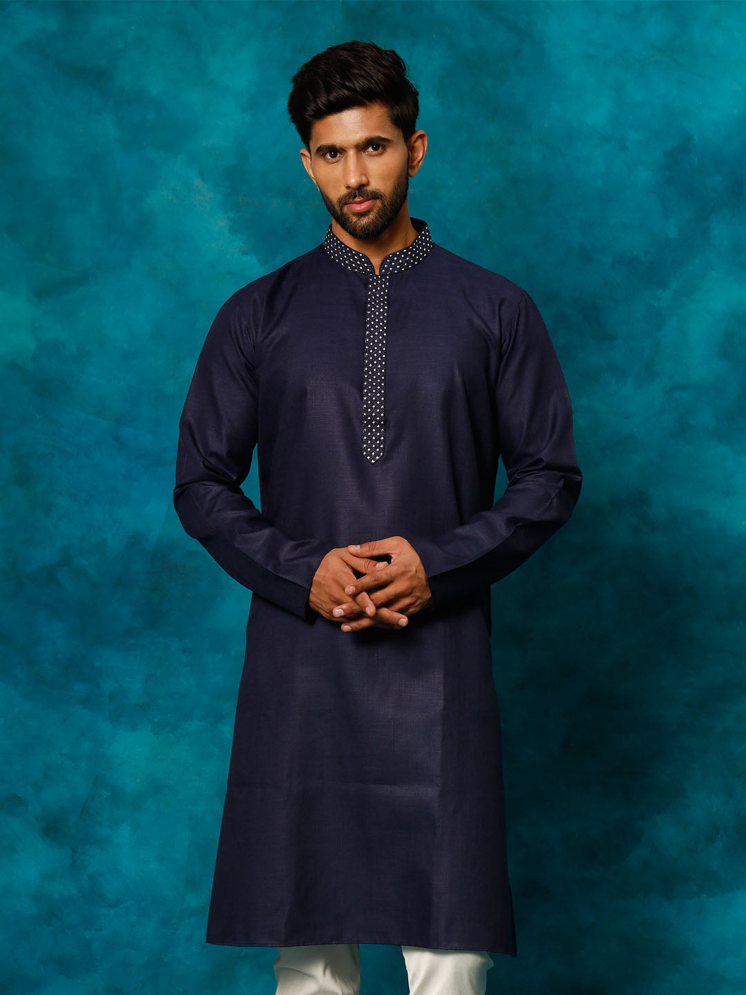 VASTRAMAY Men's Navy Blue Cotton Blend Ethnic Kurta