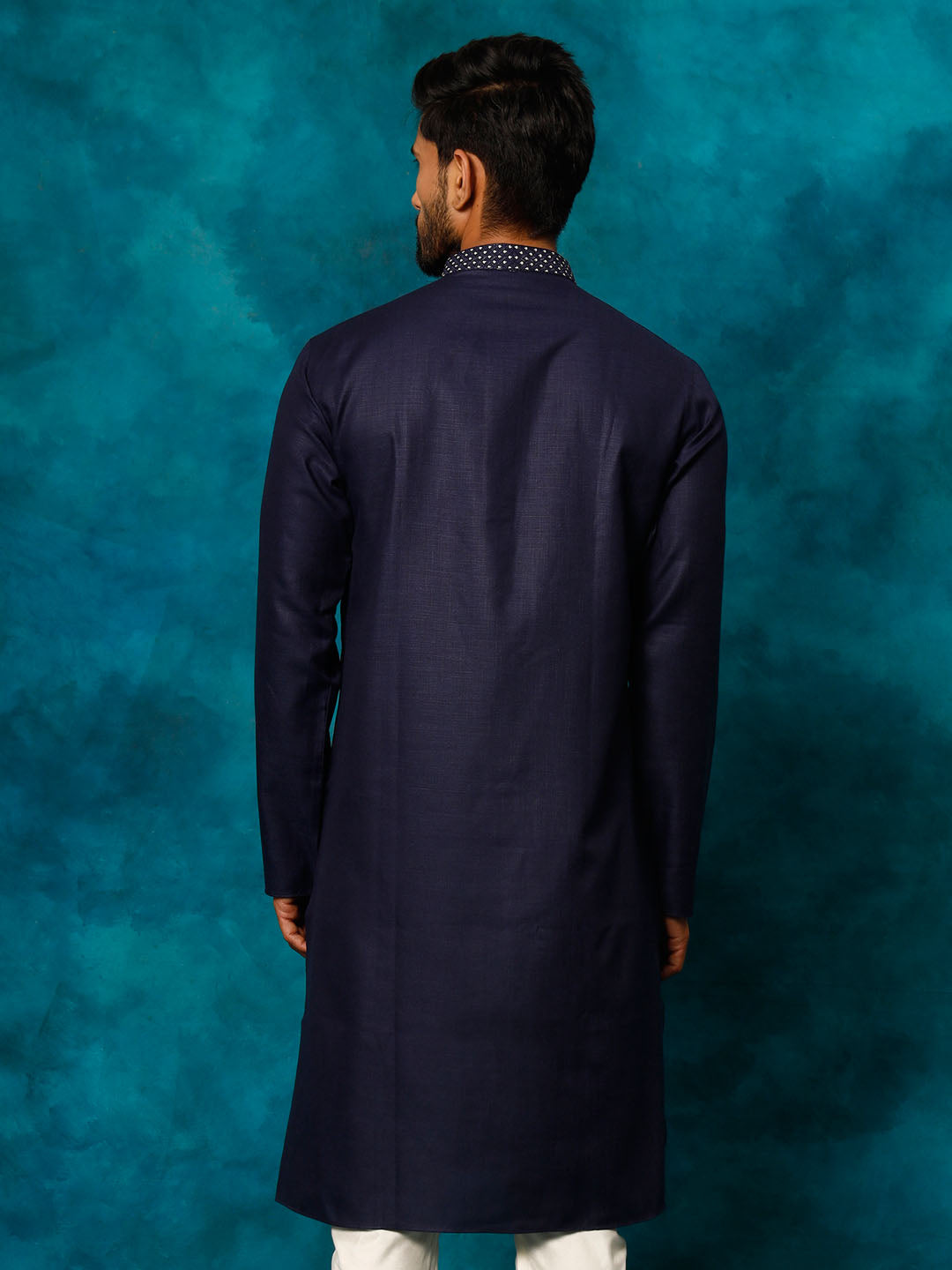 VASTRAMAY Men's Navy Blue Cotton Blend Ethnic Kurta