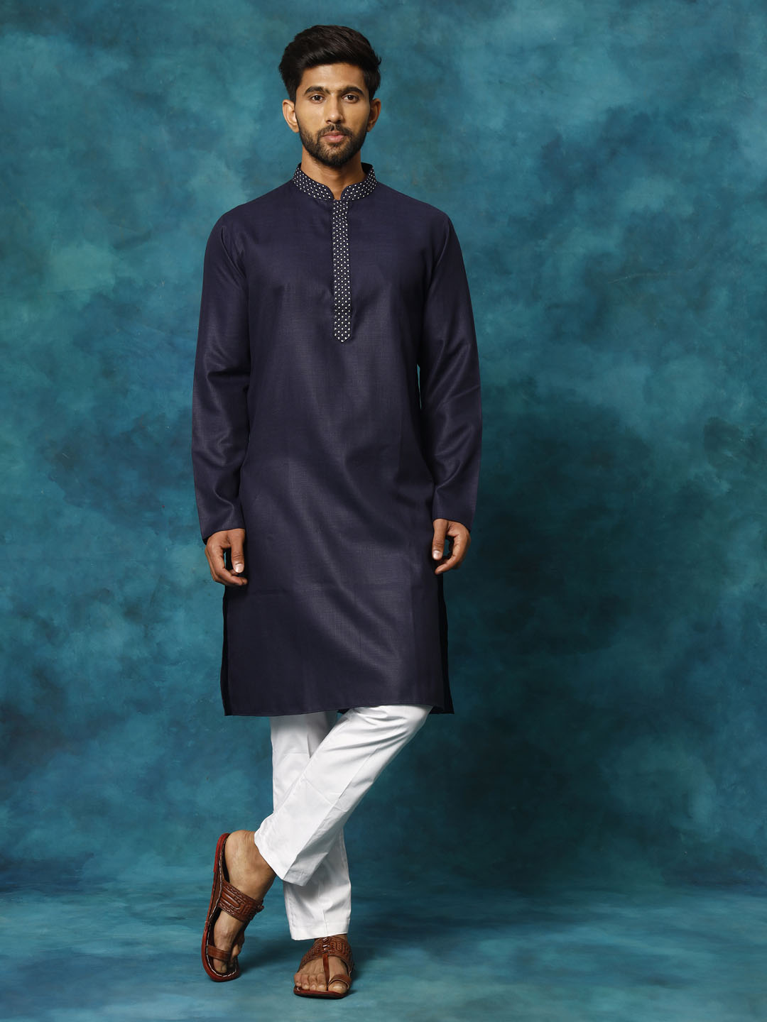 VASTRAMAY Men's Navy Blue And White Cotton Blend Kurta Pyjama Set