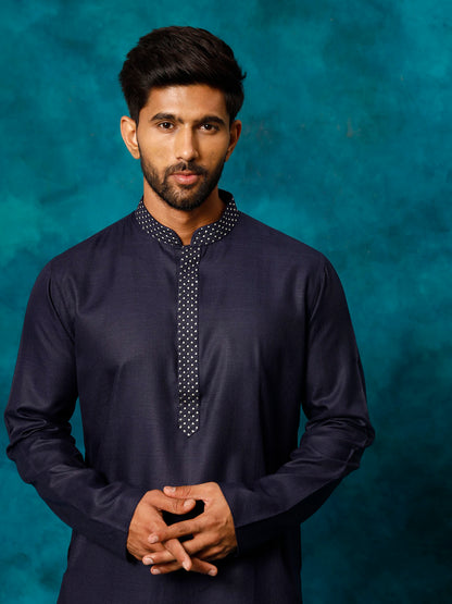 VASTRAMAY Men's Navy Blue And White Cotton Blend Kurta Pyjama Set