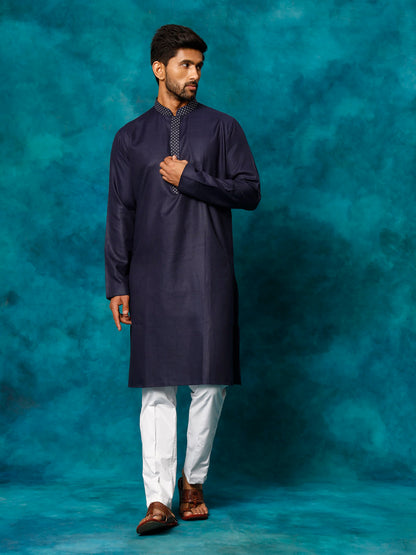 VASTRAMAY Men's Navy Blue And White Cotton Blend Kurta Pyjama Set