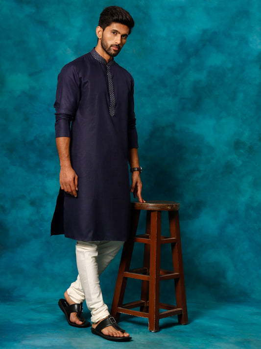 VASTRAMAY Men's Navy Blue And Cream Cotton Blend Kurta Pyjama Set