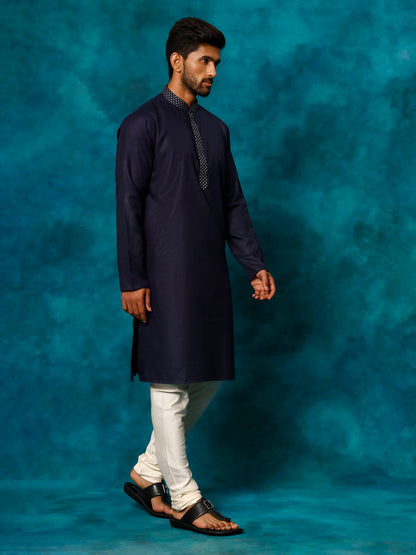 VASTRAMAY Men's Navy Blue And Cream Cotton Blend Kurta Pyjama Set