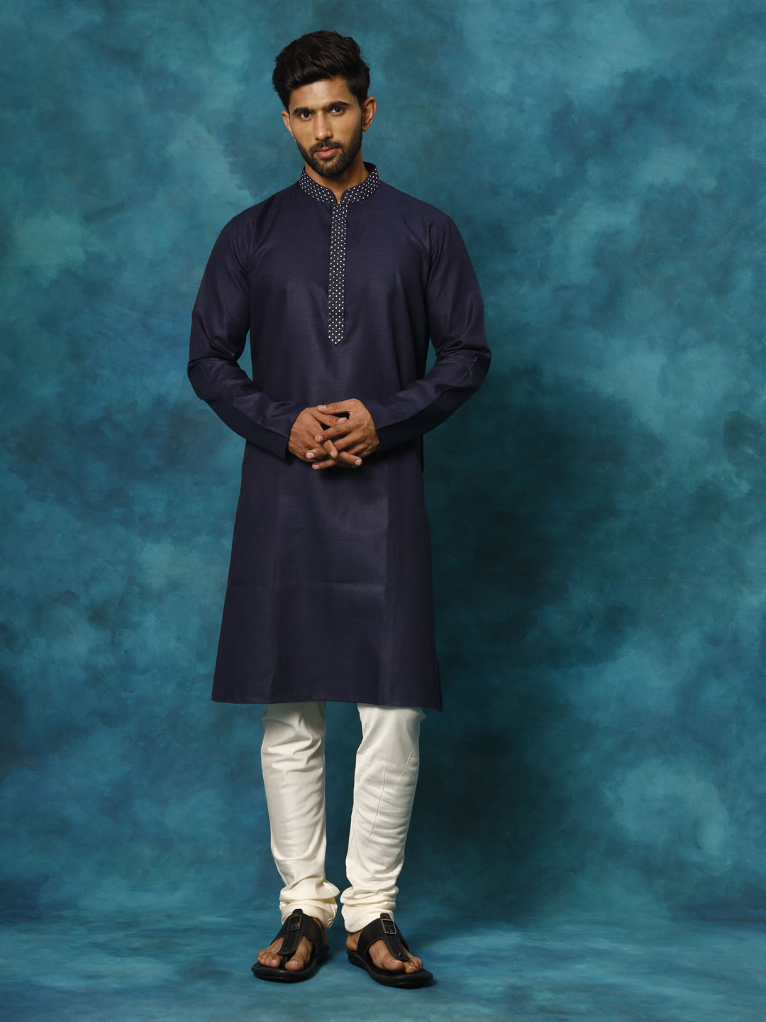 VASTRAMAY Men's Navy Blue And Cream Cotton Blend Kurta Pyjama Set