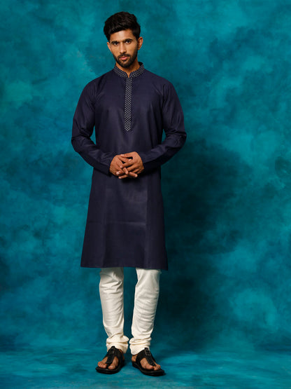 VASTRAMAY Men's Navy Blue And Cream Cotton Blend Kurta Pyjama Set