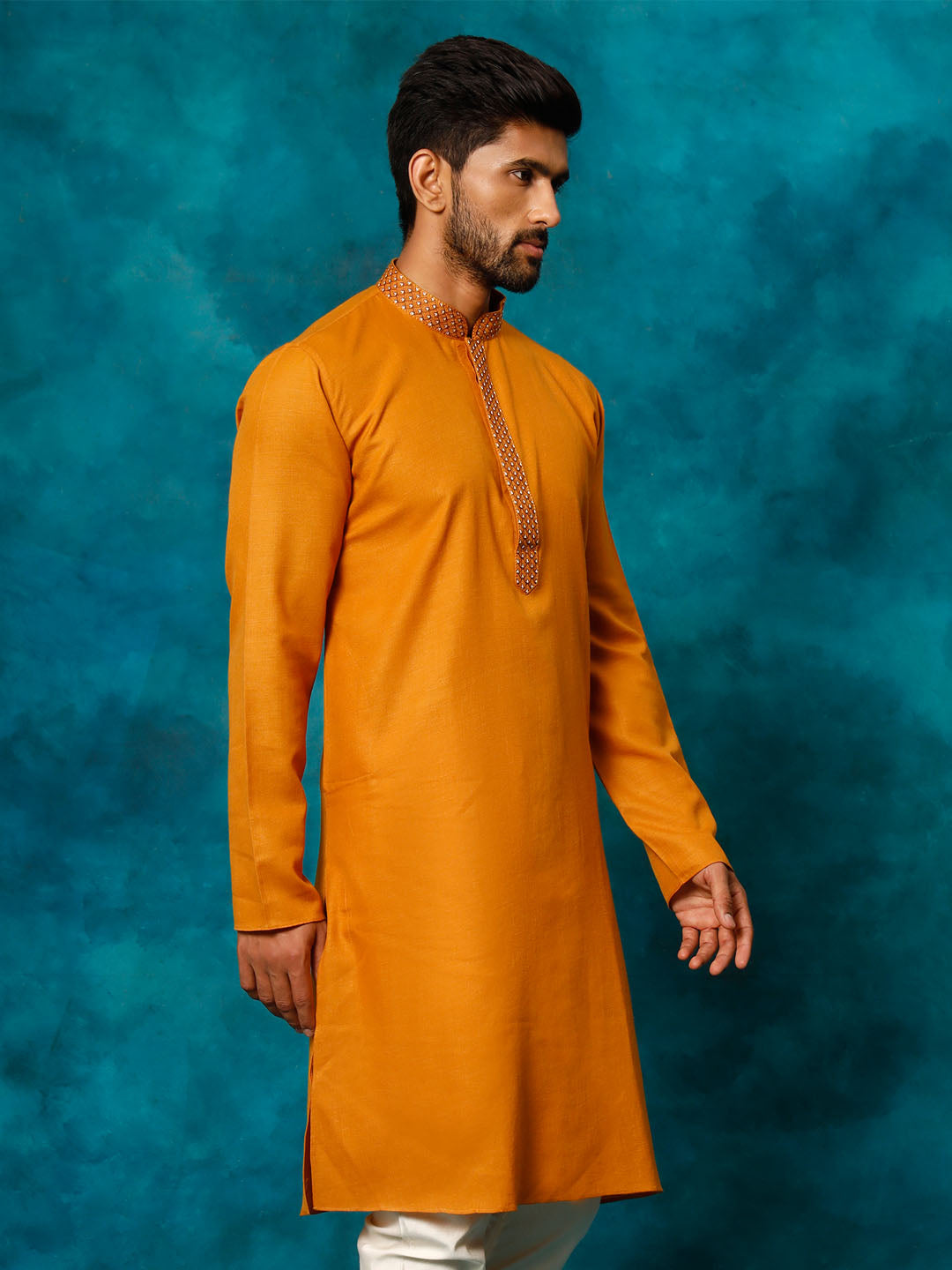 VASTRAMAY Men's Rust Cotton Blend Ethnic Kurta