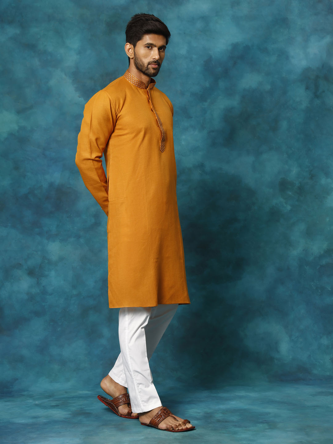 VASTRAMAY Men's Rust And White Cotton Blend Kurta Pyjama Set