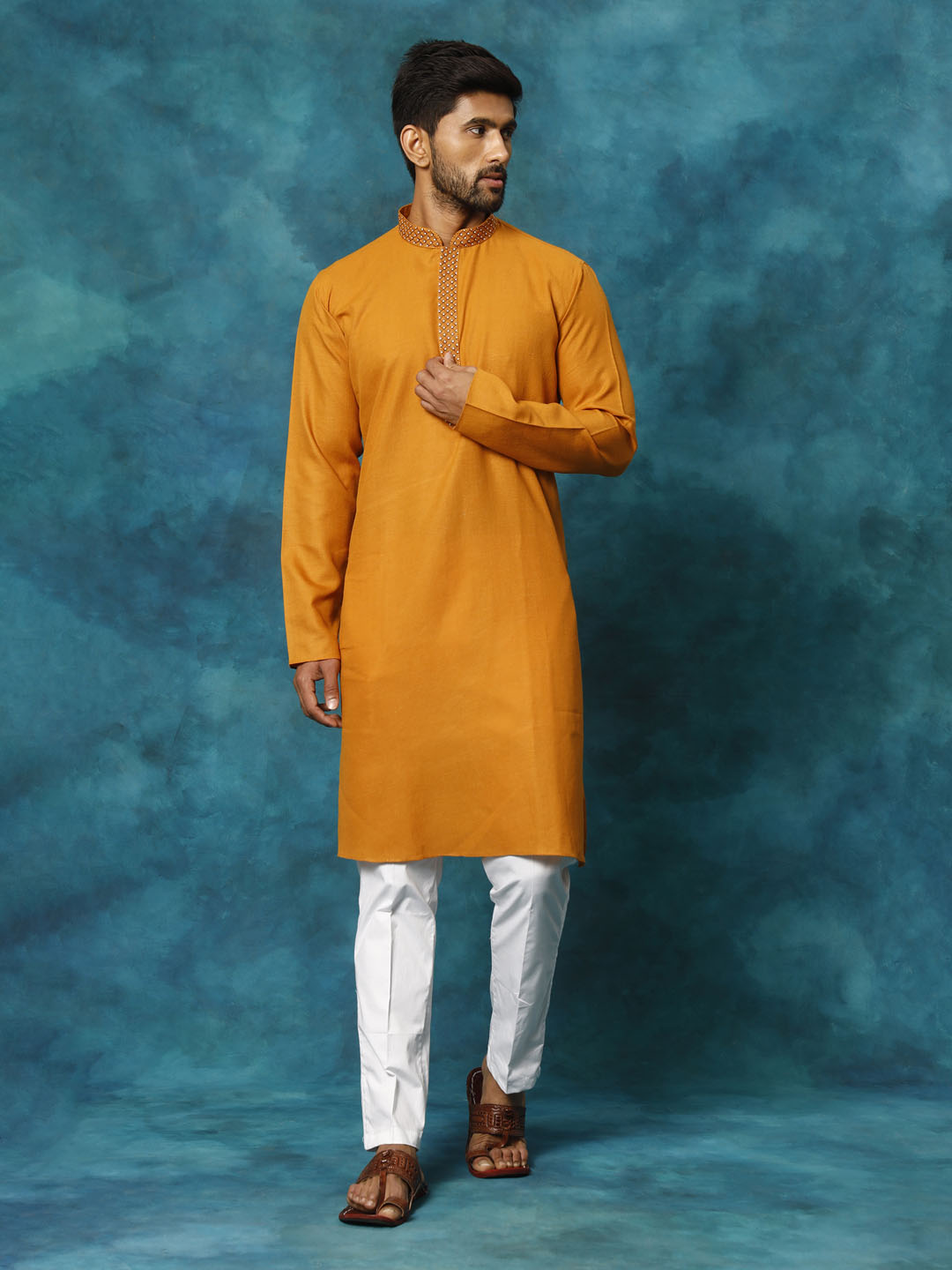 VASTRAMAY Men's Rust And White Cotton Blend Kurta Pyjama Set