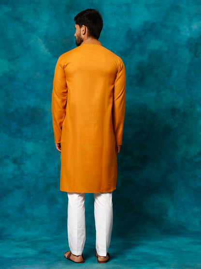 VASTRAMAY Men's Rust And White Cotton Blend Kurta Pyjama Set