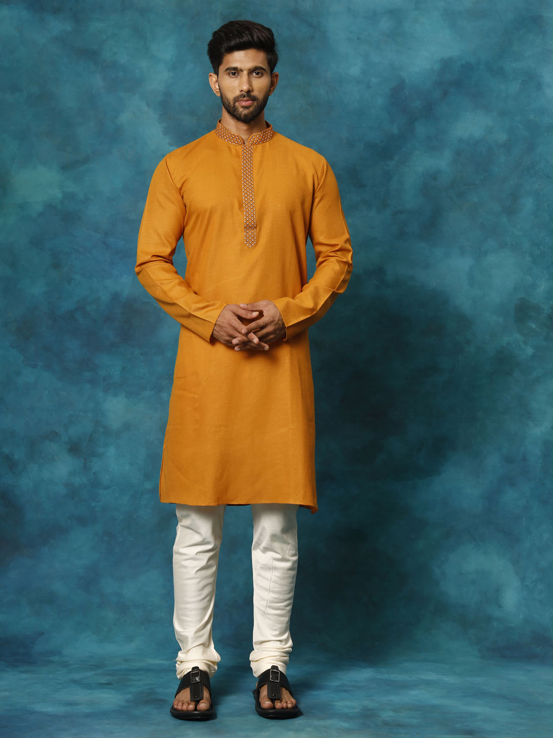 VASTRAMAY Men's Rust And Cream Cotton Blend Kurta Pyjama Set