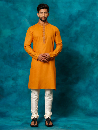 VASTRAMAY Men's Rust And Cream Cotton Blend Kurta Pyjama Set