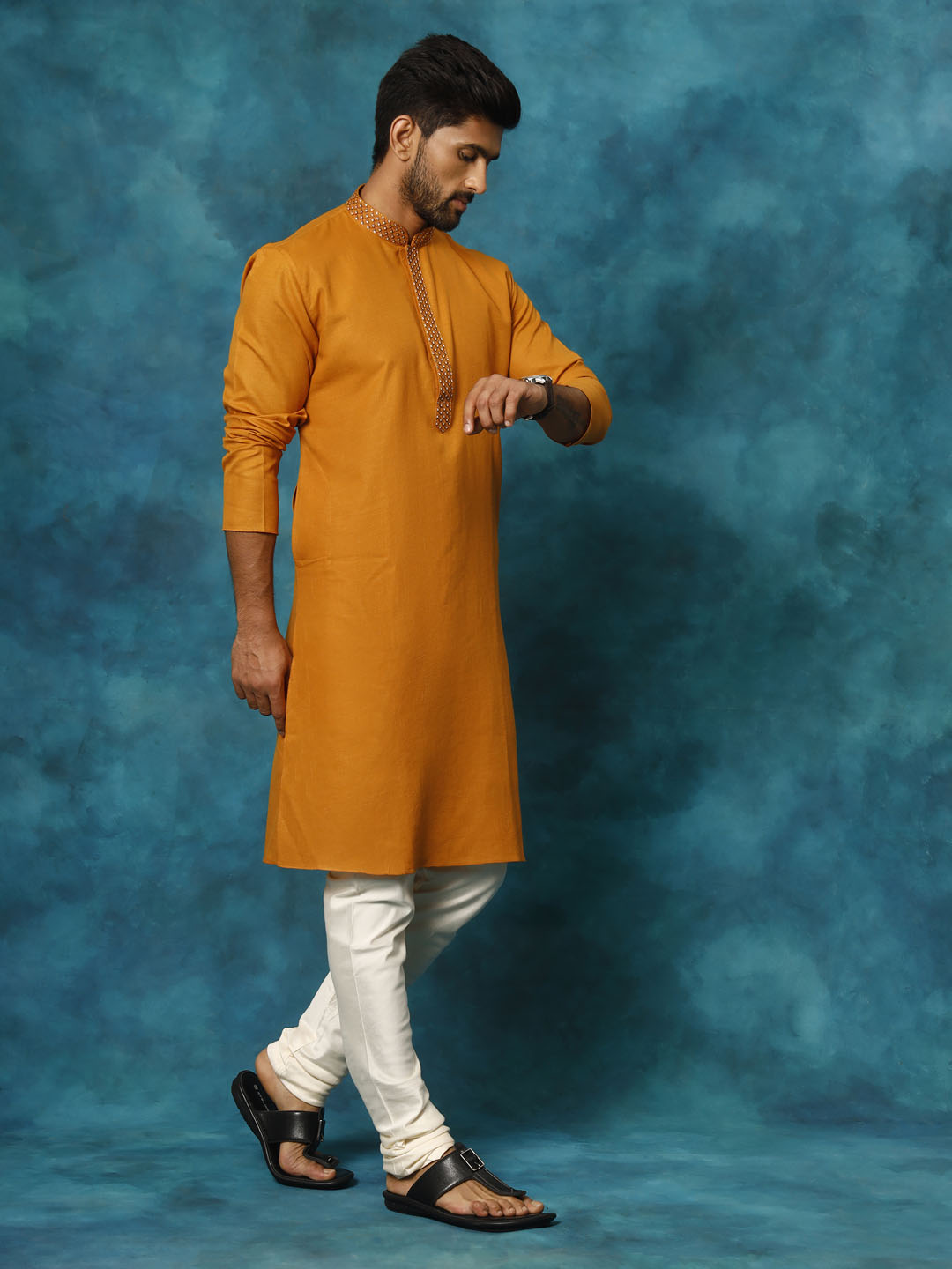 VASTRAMAY Men's Rust And Cream Cotton Blend Kurta Pyjama Set