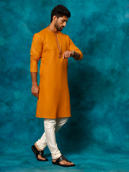 VASTRAMAY Men's Rust And Cream Cotton Blend Kurta Pyjama Set