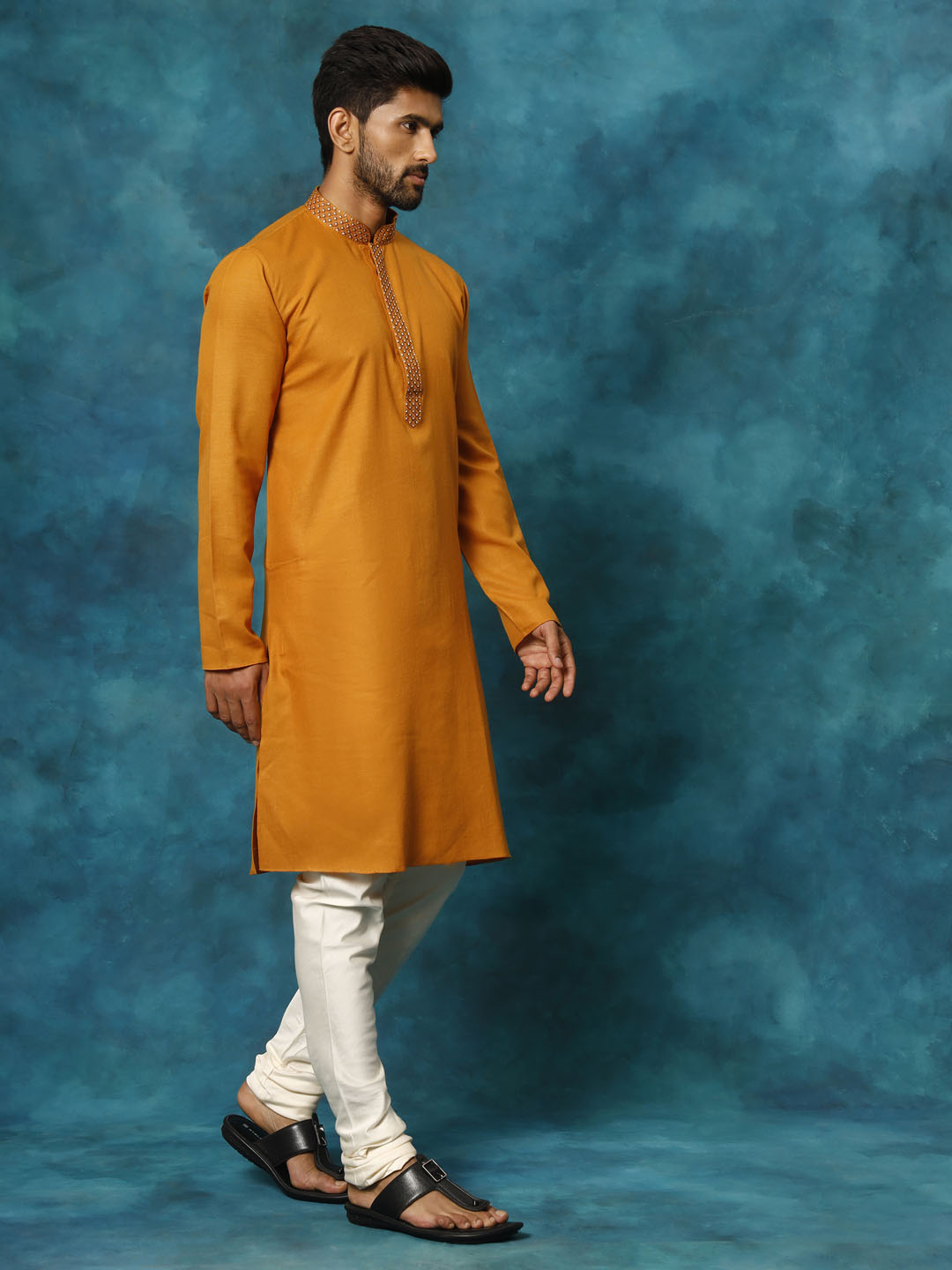 VASTRAMAY Men's Rust And Cream Cotton Blend Kurta Pyjama Set