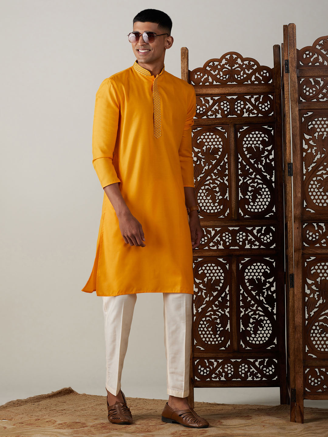 Vastramay mens yellow and cream solid kurta with pant style cotton pyjama set