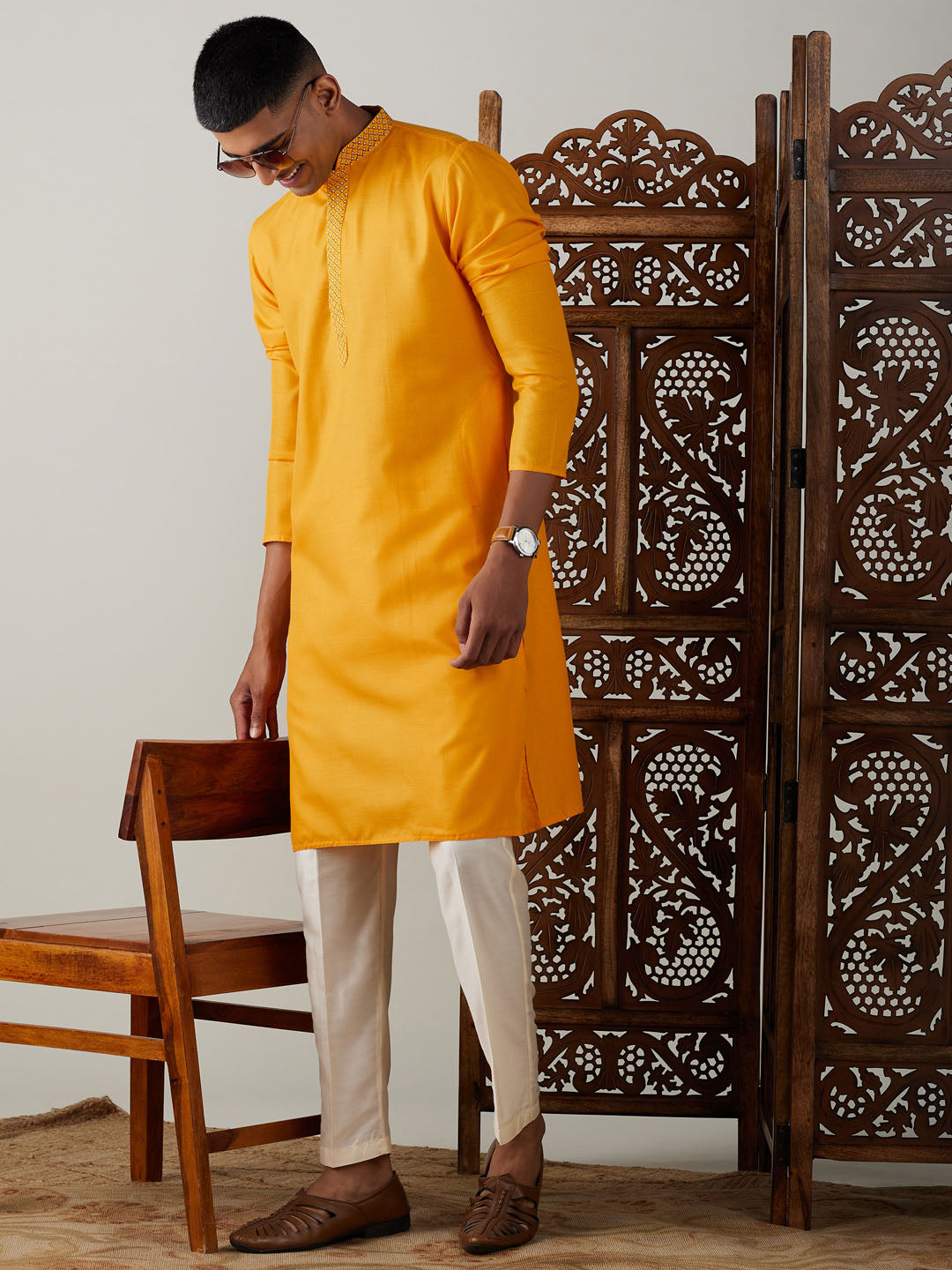 Vastramay mens yellow and cream solid kurta with pant style cotton pyjama set