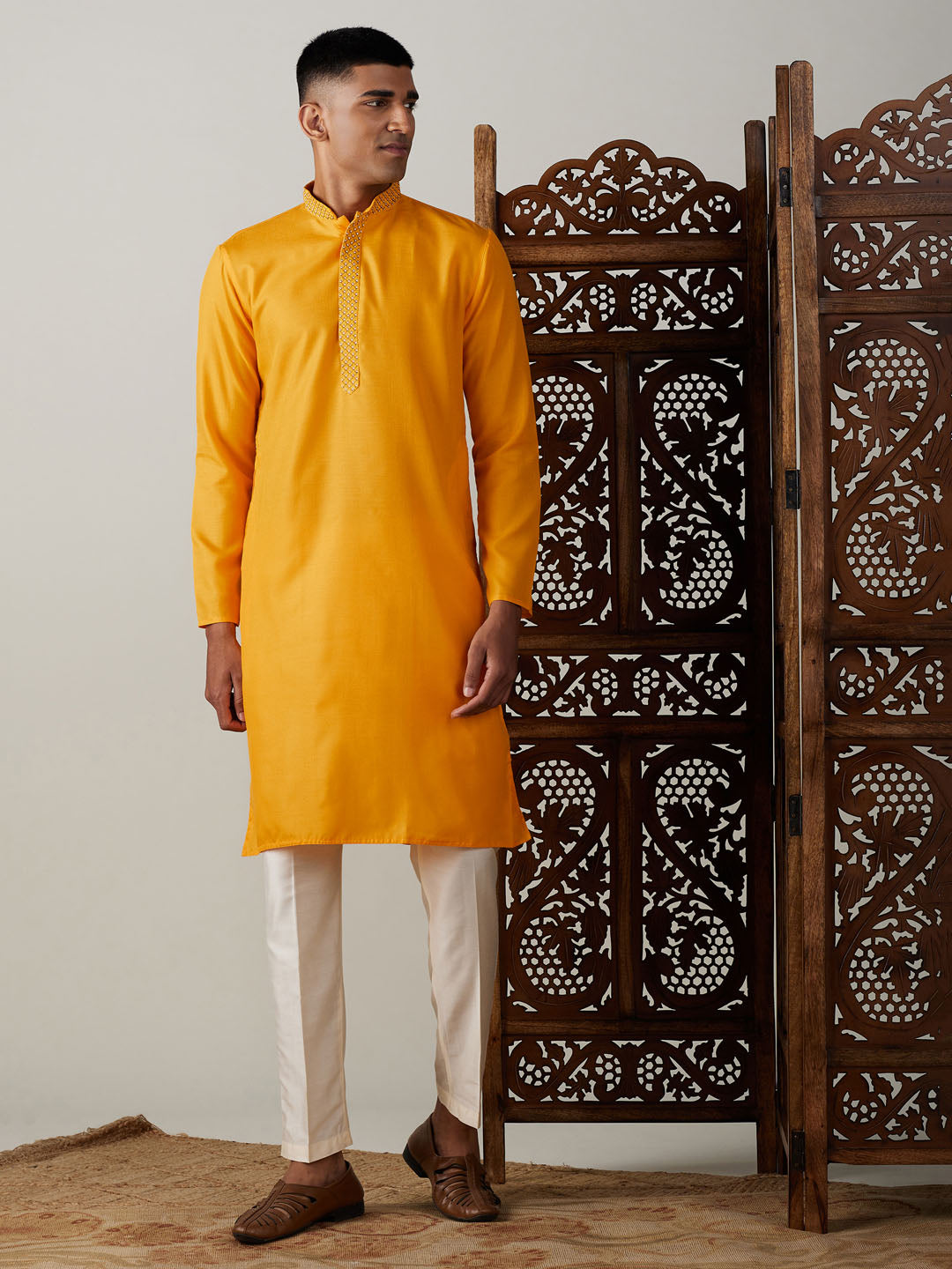 Vastramay mens yellow and cream solid kurta with pant style cotton pyjama set