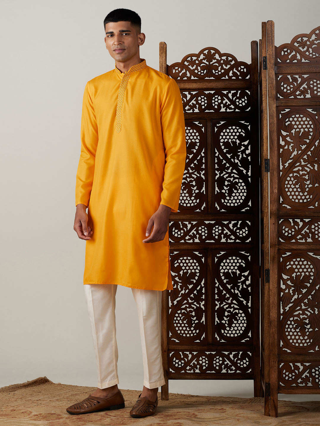 Vastramay mens yellow and cream solid kurta with pant style cotton pyjama set