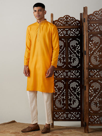 Vastramay mens yellow and cream solid kurta with pant style cotton pyjama set