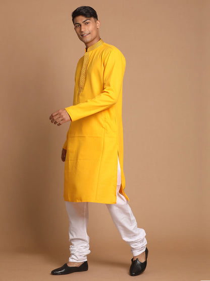 Vastramay Men's Yellow And White Solid Kurta With Churidar Set