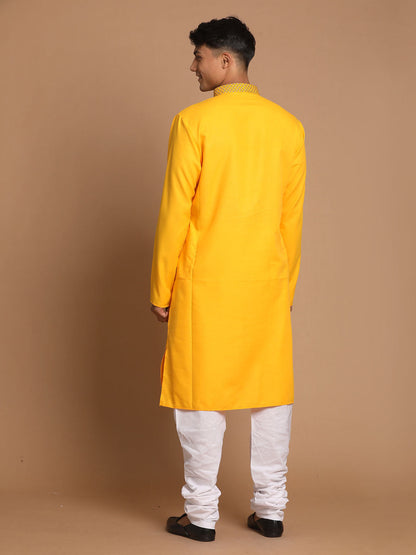 Vastramay Men's Yellow And White Solid Kurta With Churidar Set