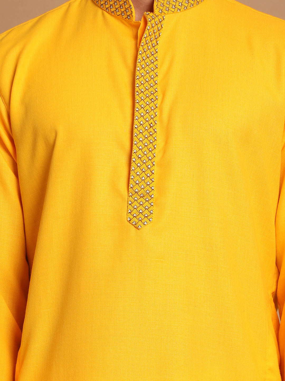 Vastramay Men's Yellow And White Solid Kurta With Churidar Set