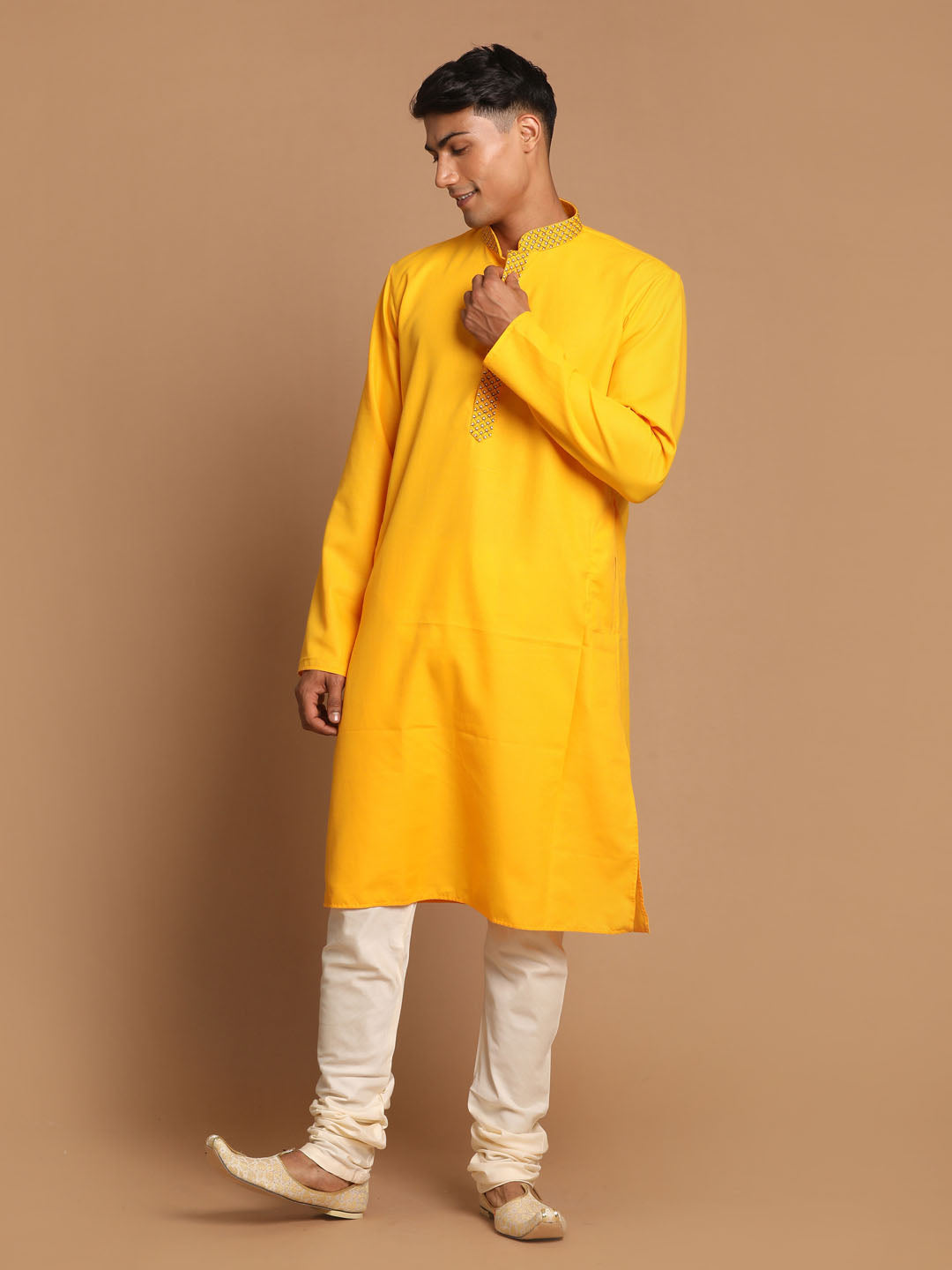 Vastramay Men's Yellow And Cream Solid Kurta With Pyjama Set