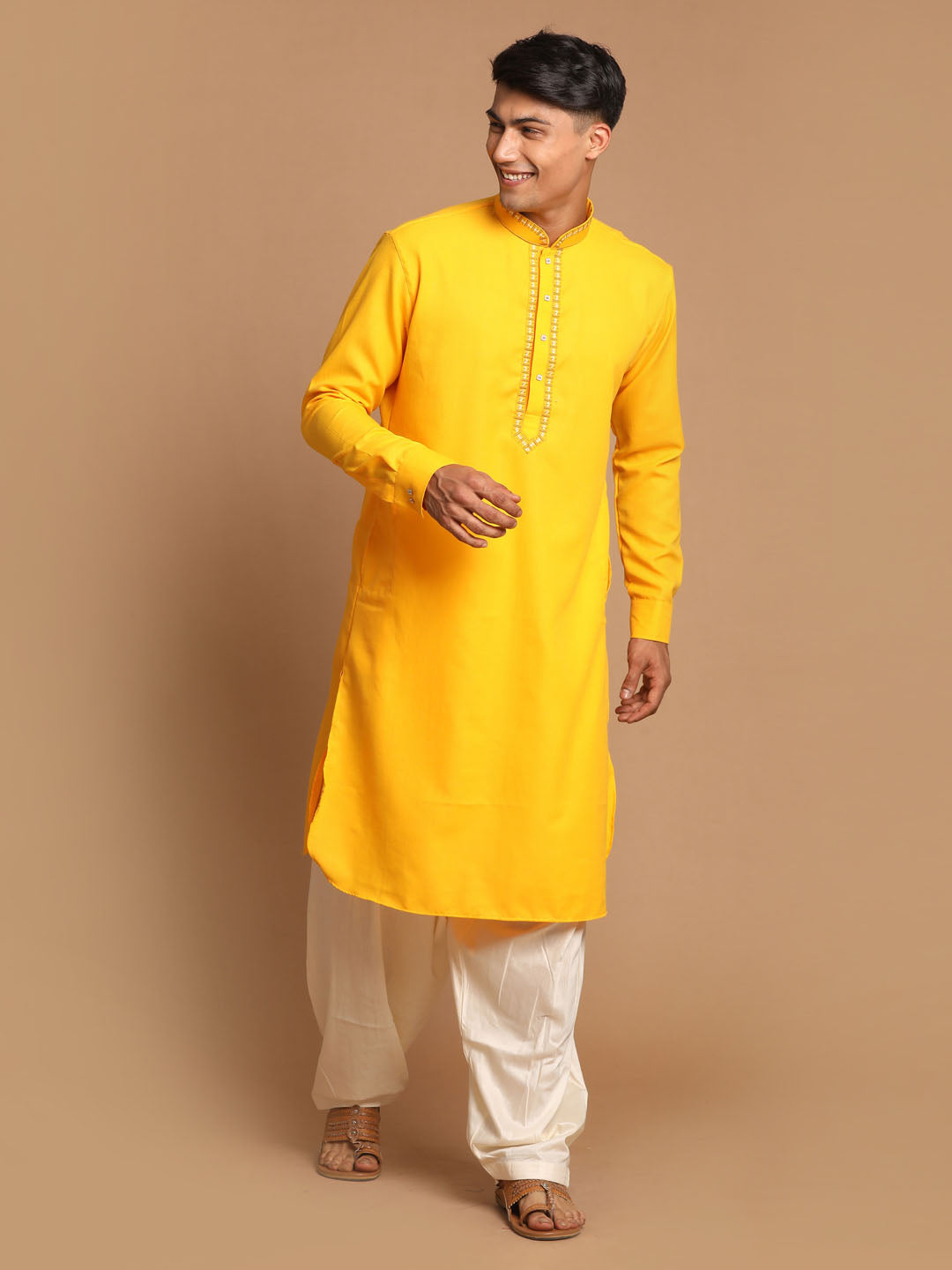 Vastramay Men's Yellow Cotton Blend Kurta with Patiala Set