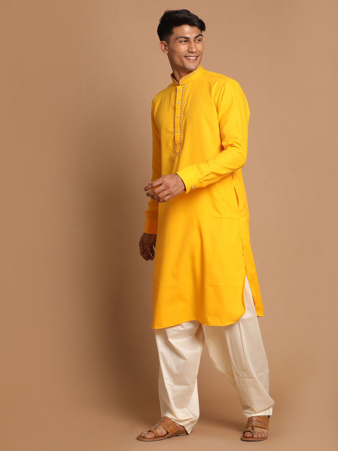 Vastramay Men's Yellow Cotton Blend Kurta with Patiala Set