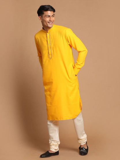 Vastramay Men's Yellow And Cream Cotton Blend Kurta With Pyjama Set