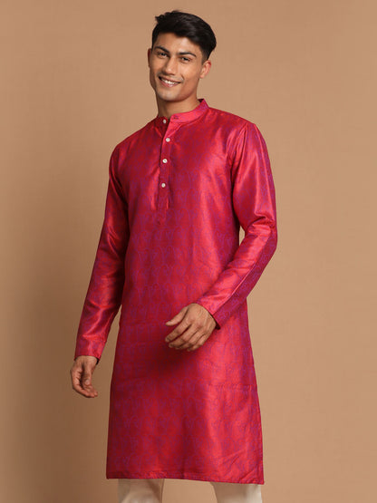 Vastramay Men's Red Paisley Brocade Silk Kurta