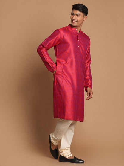 Vastramay Men's Red Paisley Brocade Silk Kurta And Solid Pyjama Set