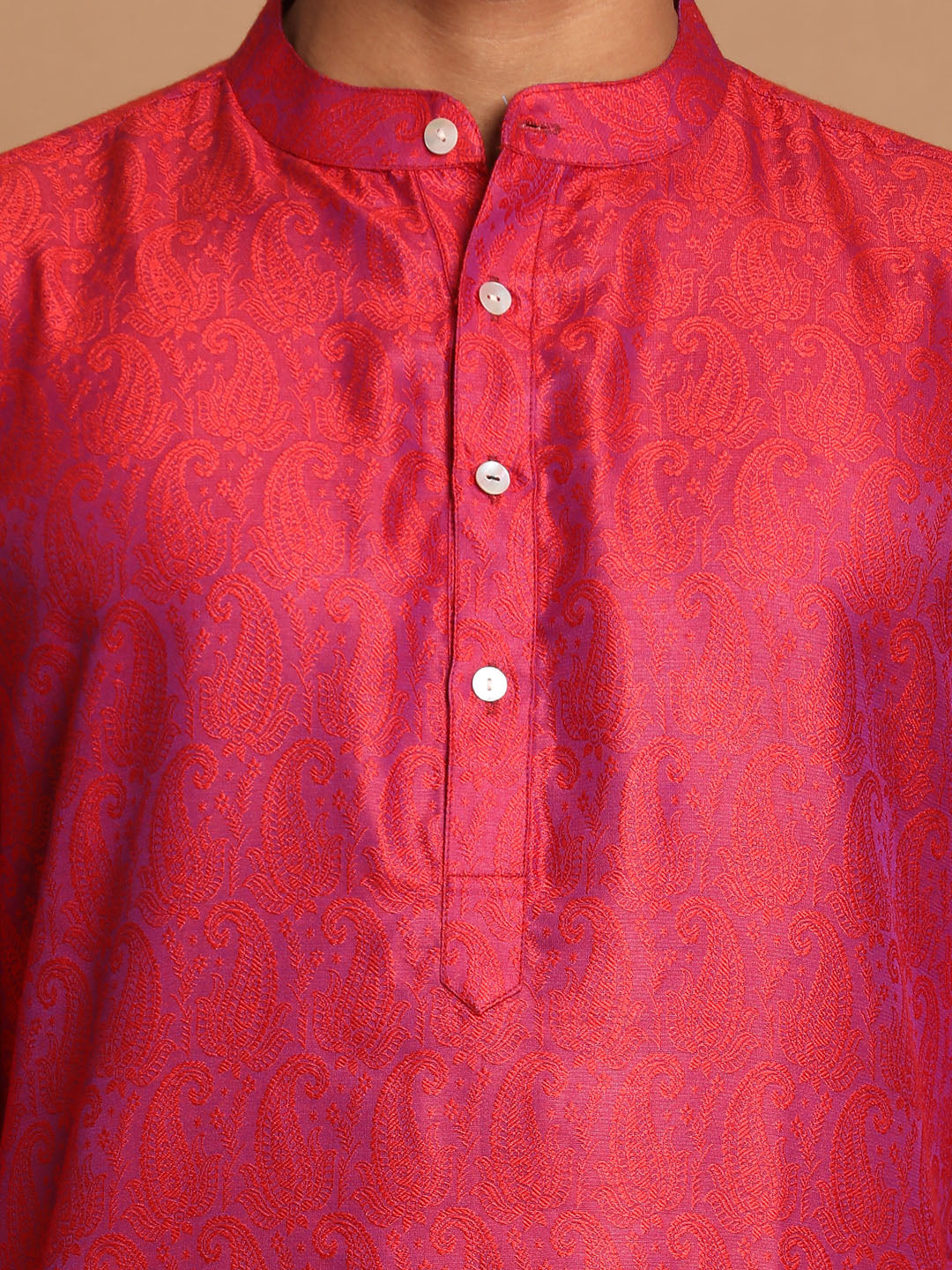 Vastramay Men's Red Paisley Brocade Silk Kurta And Solid Pyjama Set