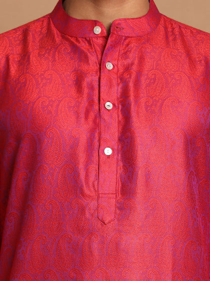 Vastramay Men's Red Paisley Brocade Silk Kurta And Solid Pyjama Set