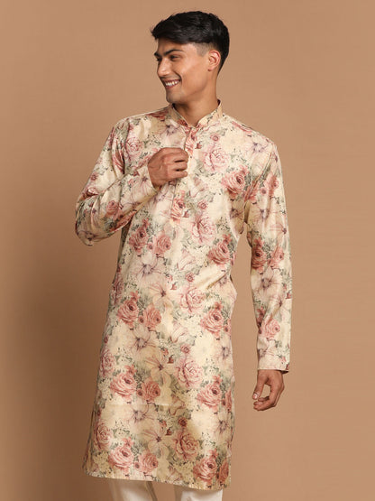 Vastramay Men's Beige Floral Printed Straight Kurta